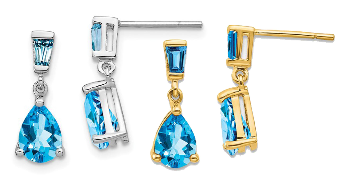 14K White/Yellow Gold Baguette 2 Stone Blue Topaz Earrings