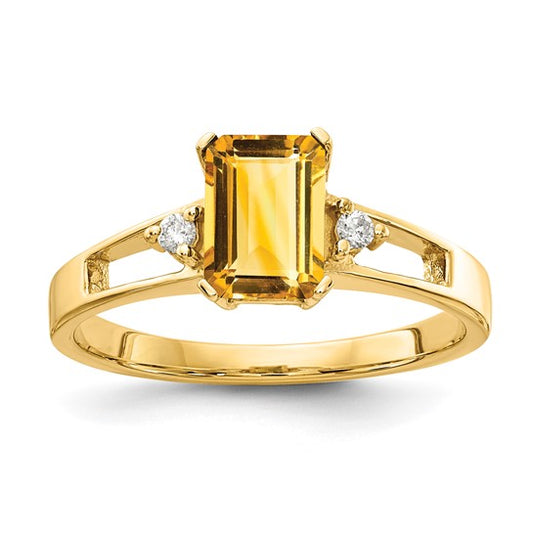 14K Yellow Gold Emerald Cut Natural Citrine & Diamond Ring