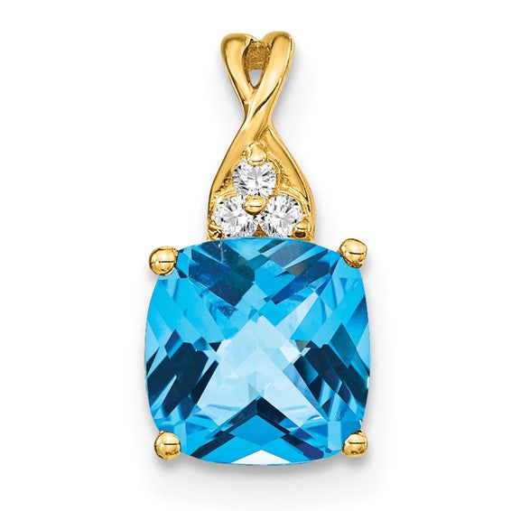 10K Yellow Gold 1.7 Carat Square Blue Topaz & Diamond Pendant