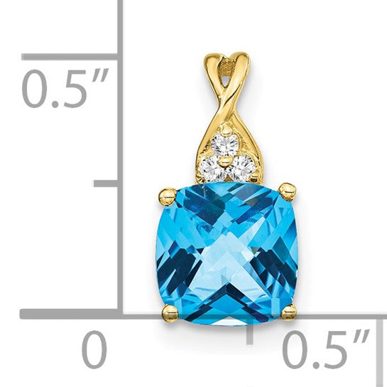 10K Yellow Gold 1.7 Carat Square Blue Topaz & Diamond Pendant