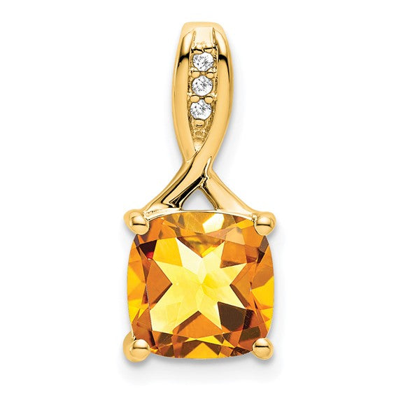 14K Yellow/White Gold 2 Carat Square Cut Natural Citrine With Diamond Accent Pendant