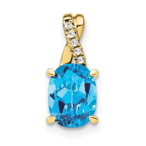 10K Yellow Gold Oval Blue Topaz & Diamond Pendant