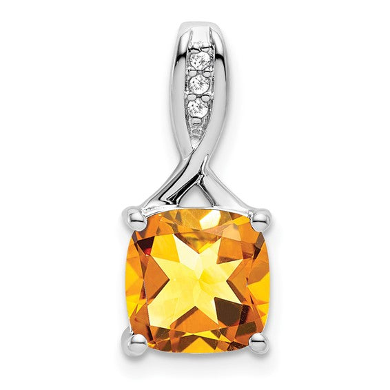 14K Yellow/White Gold 2 Carat Square Cut Natural Citrine With Diamond Accent Pendant