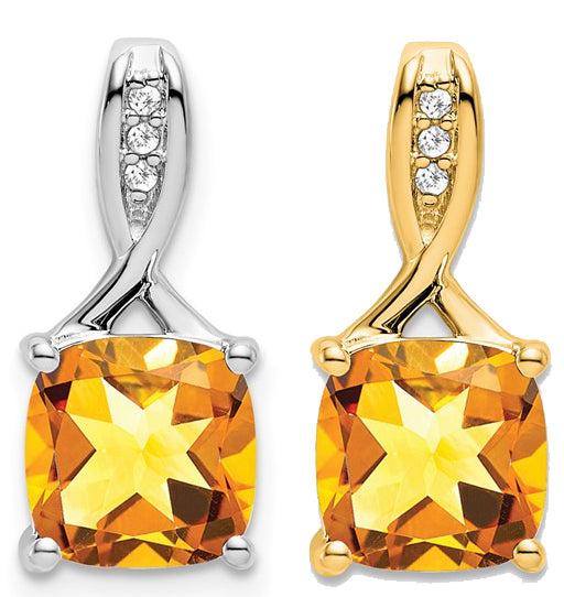 14K Yellow/White Gold 2 Carat Square Cut Natural Citrine With Diamond Accent Pendant