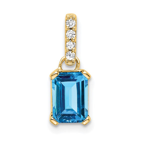 10K White/Yellow Gold 1 Carat Emerald Cut Blue Topaz & Diamond Pendant
