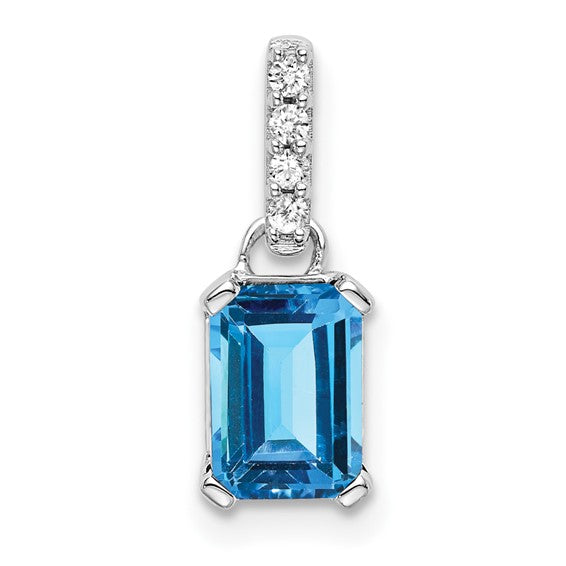 10K White/Yellow Gold 1 Carat Emerald Cut Blue Topaz & Diamond Pendant
