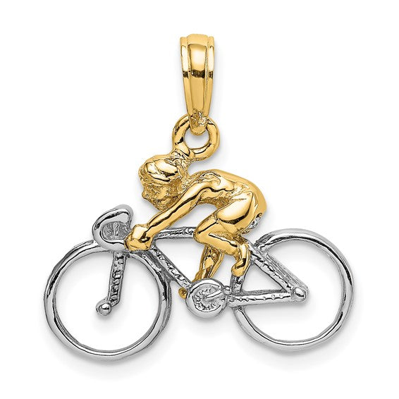 14K Two Tone Gold Bicyclist 3D Pendant