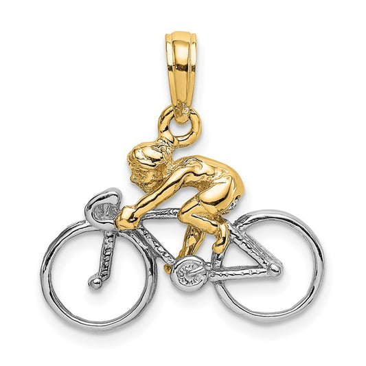 14K Two Tone Gold Bicyclist 3D Pendant