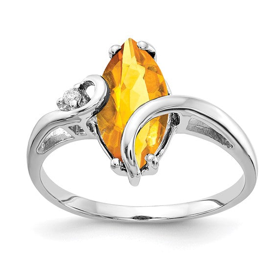 14K White Gold Ribbon Style Natural Citrine & Diamond Ring