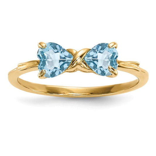 14K Yellow Gold Double Heart Blue Topaz Birthstone Ring