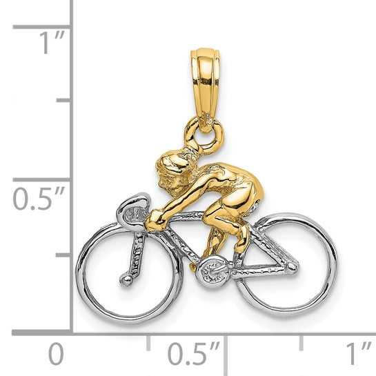 14K Two Tone Gold Bicyclist 3D Pendant