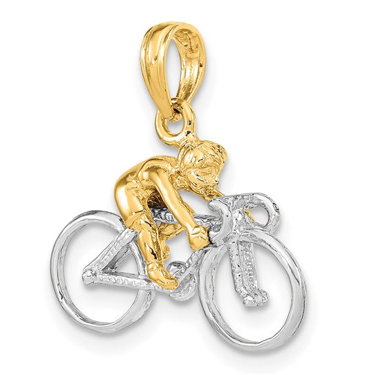14K Two Tone Gold Bicyclist 3D Pendant