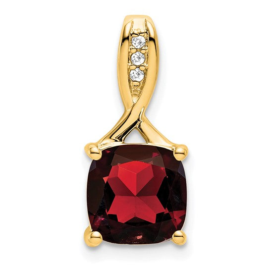 14K Yellow Gold Cushion Cut Natural Garnet With Diamond Crown Pendant