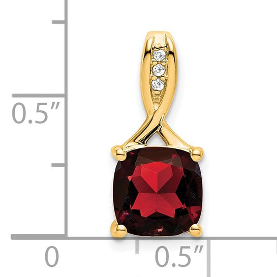 14K Yellow Gold Cushion Cut Natural Garnet With Diamond Crown Pendant