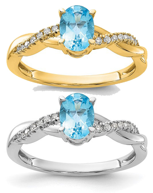14K White/Yellow Gold Oval Blue Topaz & Diamond Twist Ring