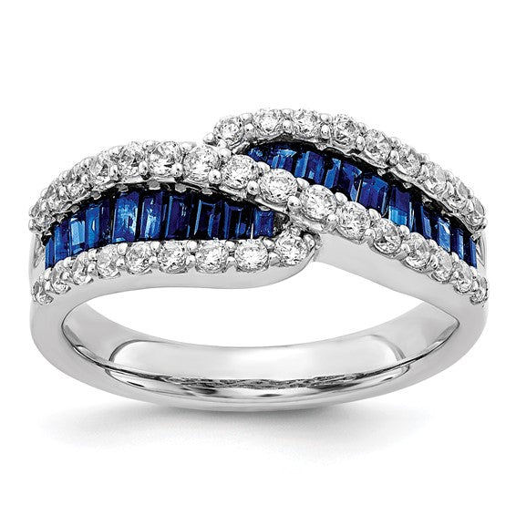 14K White Gold Natural Sapphire & Diamond Band Cross Ring