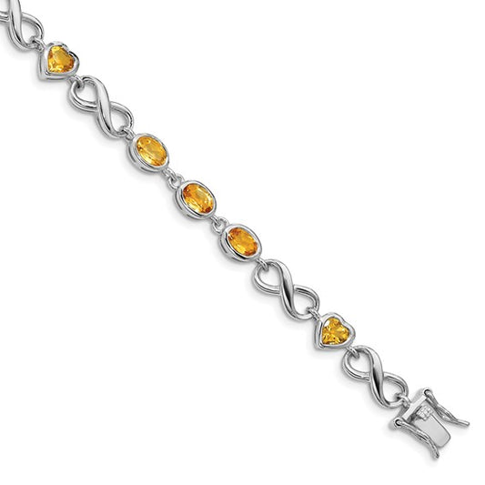 White Gold Filled Sterling Silver Natural Citrine Heart Circle Gemstone Bracelet
