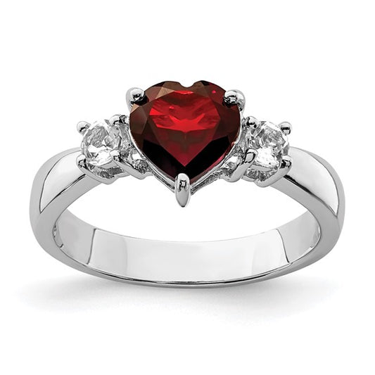 Sterling Silver Rhodium Plated Natural Garnet & White Topaz Heart Ring