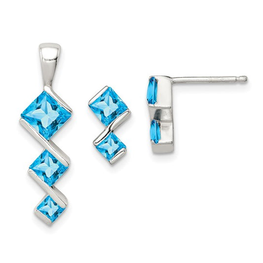 Sterling Silver Sky Blue Topaz Tier Stone Pendant Earring Set