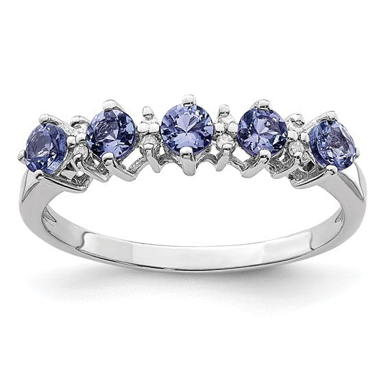 White Gold Filled Sterling Silver Natural Tanzanite & Diamond 5 Stone Ring