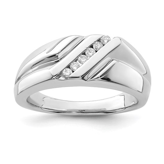 White Gold Filled Sterling Silver Diamond Stripe Men's Wedding Band Ring