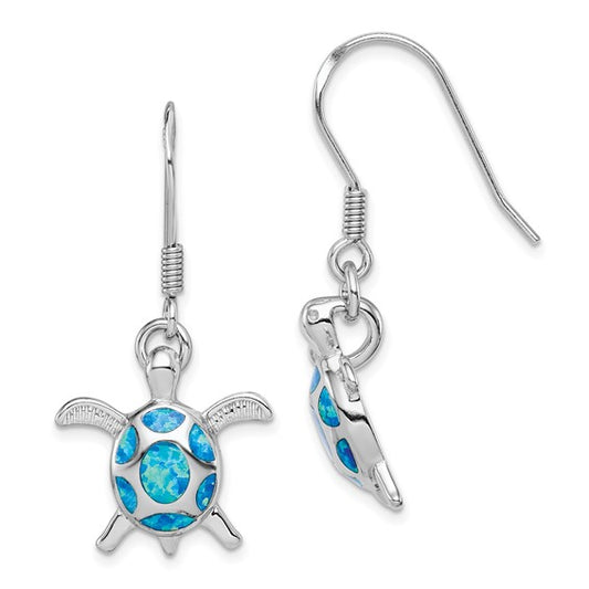 Sterling Silve White Gold Plated Lab Created Blue Opal Turtle Drop Earrings