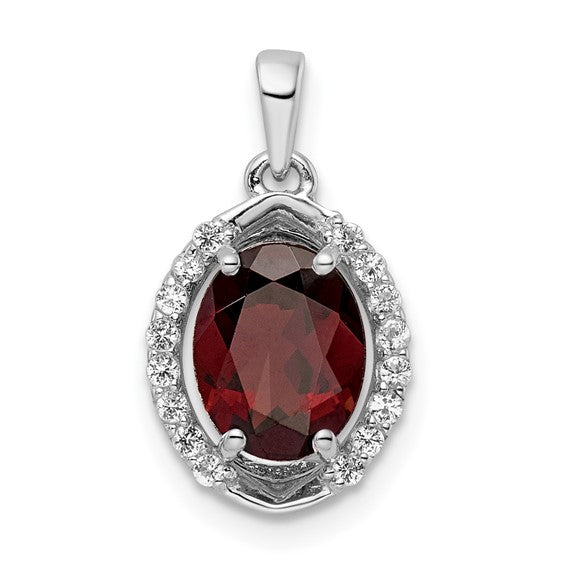 Sterling Silver Natural Garnet & White Topaz Oval Halo Pendant
