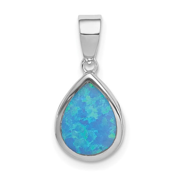 Sterling Silver White Gold Plated Tear Drop Lab Created Blue Opal Pendant