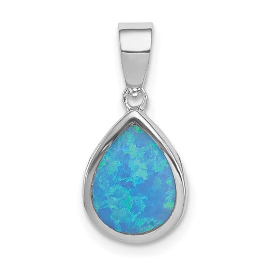 Sterling Silver White Gold Plated Tear Drop Lab Created Blue Opal Pendant