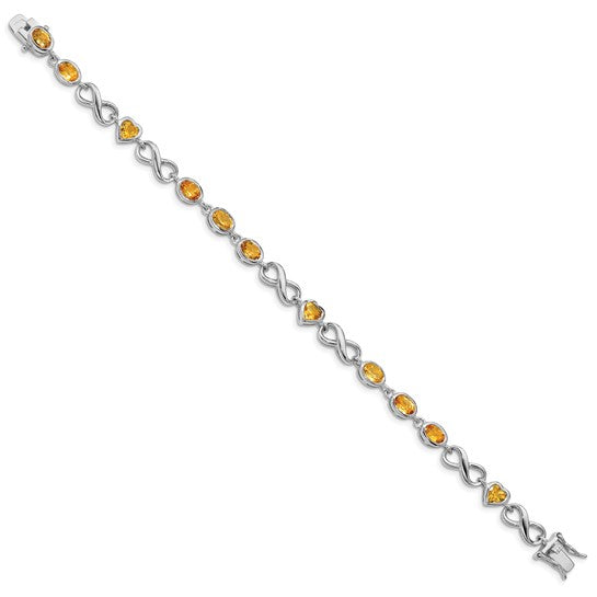 White Gold Filled Sterling Silver Natural Citrine Heart Circle Gemstone Bracelet