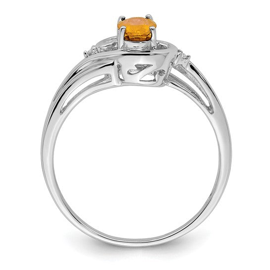 Sterling Silver White Gold Plated Natural Citrine & Diamond Fancy Ring