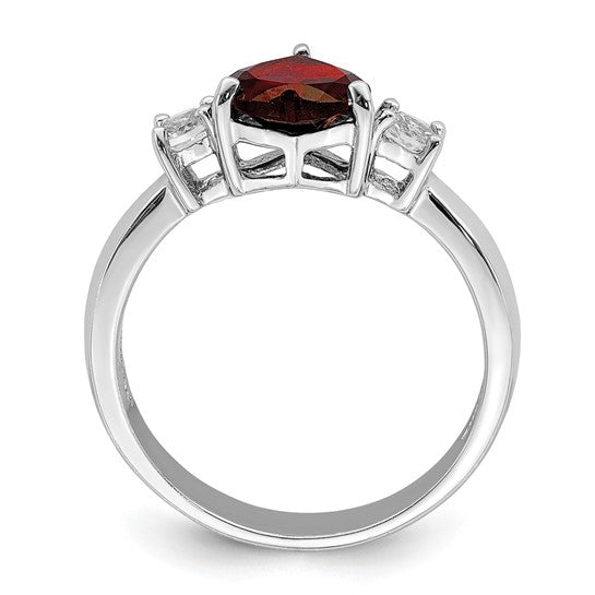 Sterling Silver Rhodium Plated Natural Garnet & White Topaz Heart Ring