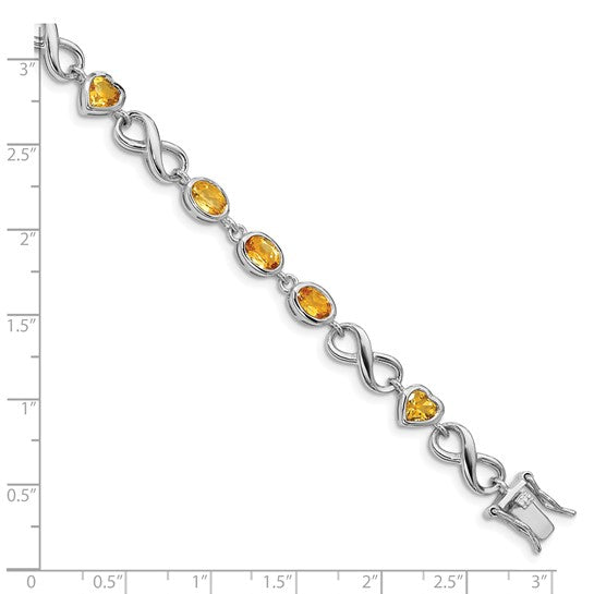 White Gold Filled Sterling Silver Natural Citrine Heart Circle Gemstone Bracelet