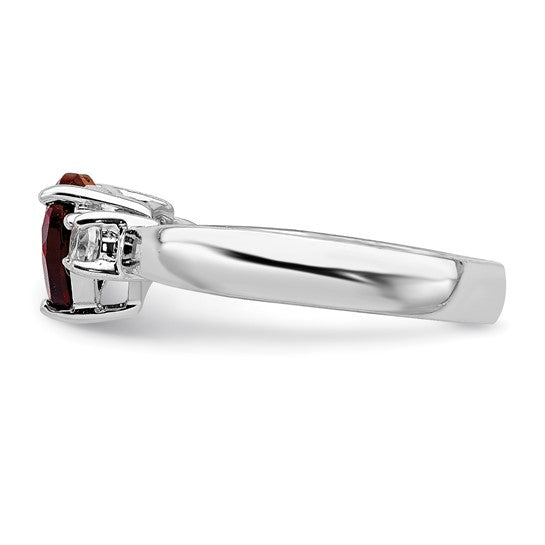 Sterling Silver Rhodium Plated Natural Garnet & White Topaz Heart Ring