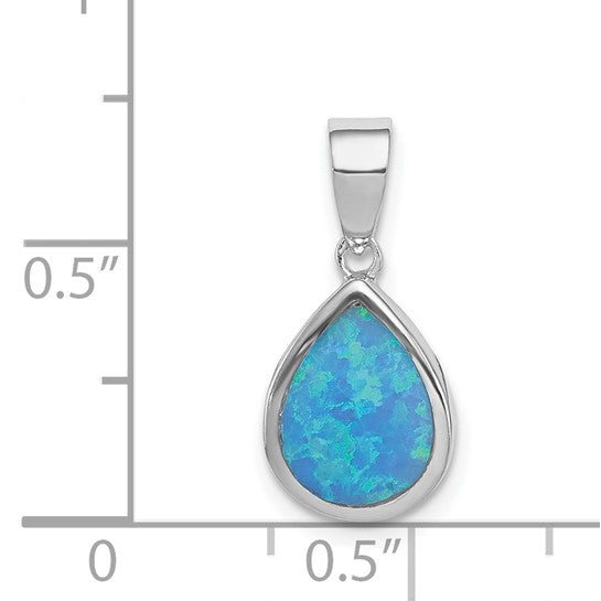 Sterling Silver White Gold Plated Tear Drop Lab Created Blue Opal Pendant