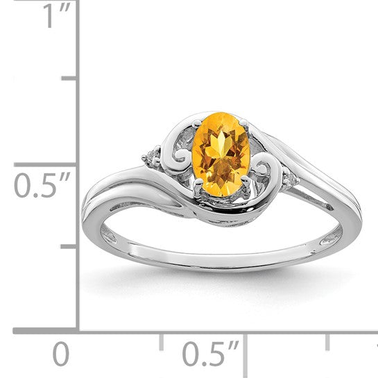Sterling Silver White Gold Plated Natural Citrine & Diamond Fancy Ring