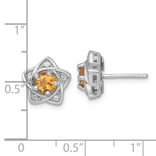 White Gold Plated Sterling Silver Natural Citrine & White Topaz Star Earrings