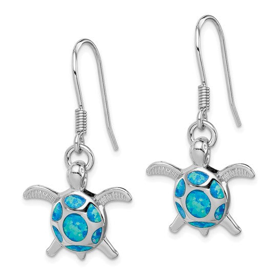 Sterling Silve White Gold Plated Lab Created Blue Opal Turtle Drop Earrings