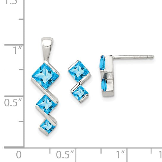 Sterling Silver Sky Blue Topaz Tier Stone Pendant Earring Set