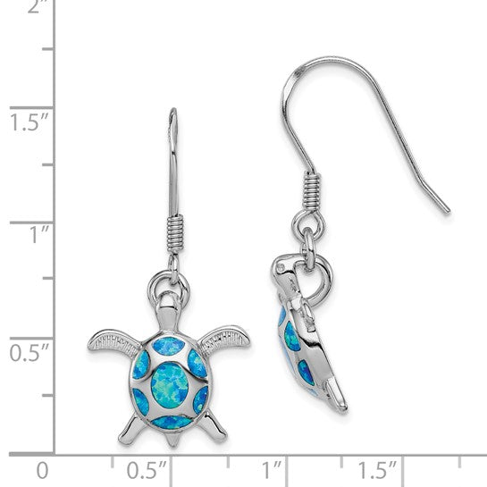 Sterling Silve White Gold Plated Lab Created Blue Opal Turtle Drop Earrings