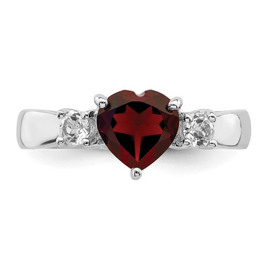 Sterling Silver Rhodium Plated Natural Garnet & White Topaz Heart Ring
