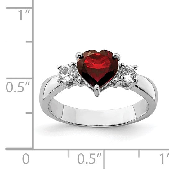 Sterling Silver Rhodium Plated Natural Garnet & White Topaz Heart Ring