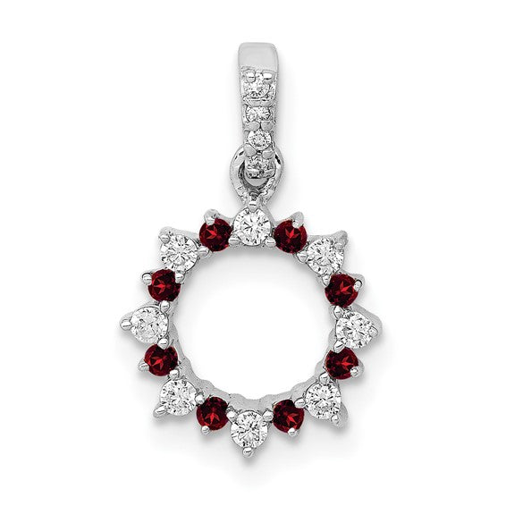 14K White Gold Natural Garnet & Diamond Star Circle Pendant