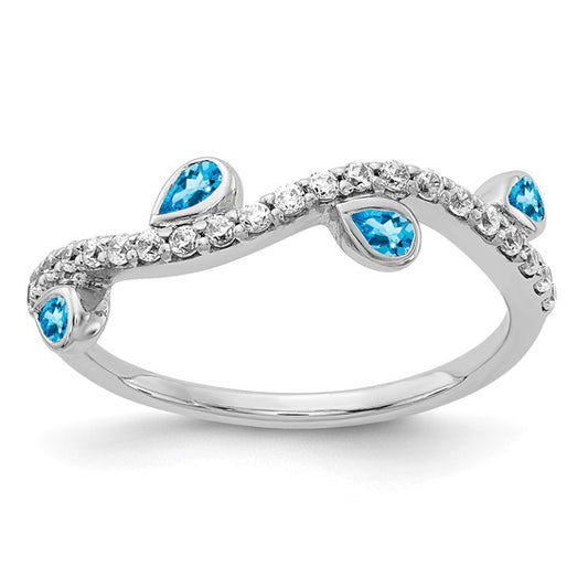 14K White Gold Blue Topaz & Diamond Bezel Band Ring