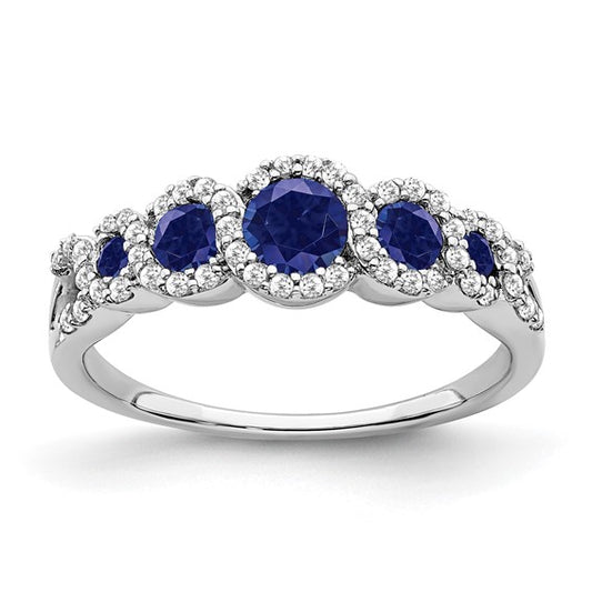 14K White Gold Sapphire & Diamond 5 Stone Halo Ring