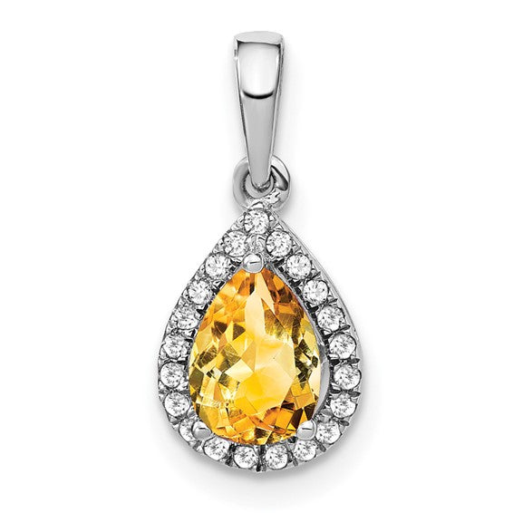 14K White Gold Natural Citrine Pear Shape .75 Carat With Diamond Halo Pendant