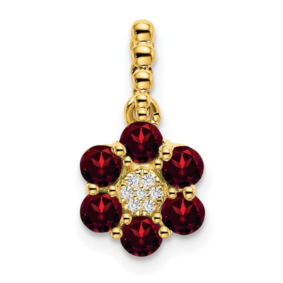 14K Yellow Gold Natural Diamond & Garnet Flower Pendant