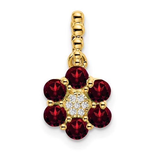 14K Yellow Gold Natural Diamond & Garnet Flower Pendant