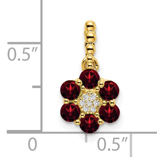 14K Yellow Gold Natural Diamond & Garnet Flower Pendant
