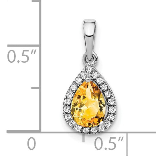 14K White Gold Natural Citrine Pear Shape .75 Carat With Diamond Halo Pendant
